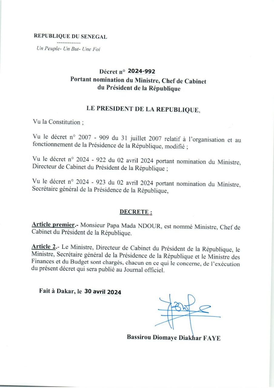 Pape Mada Ndour nommé  ministre, Chef de cabinet du Président  de la République