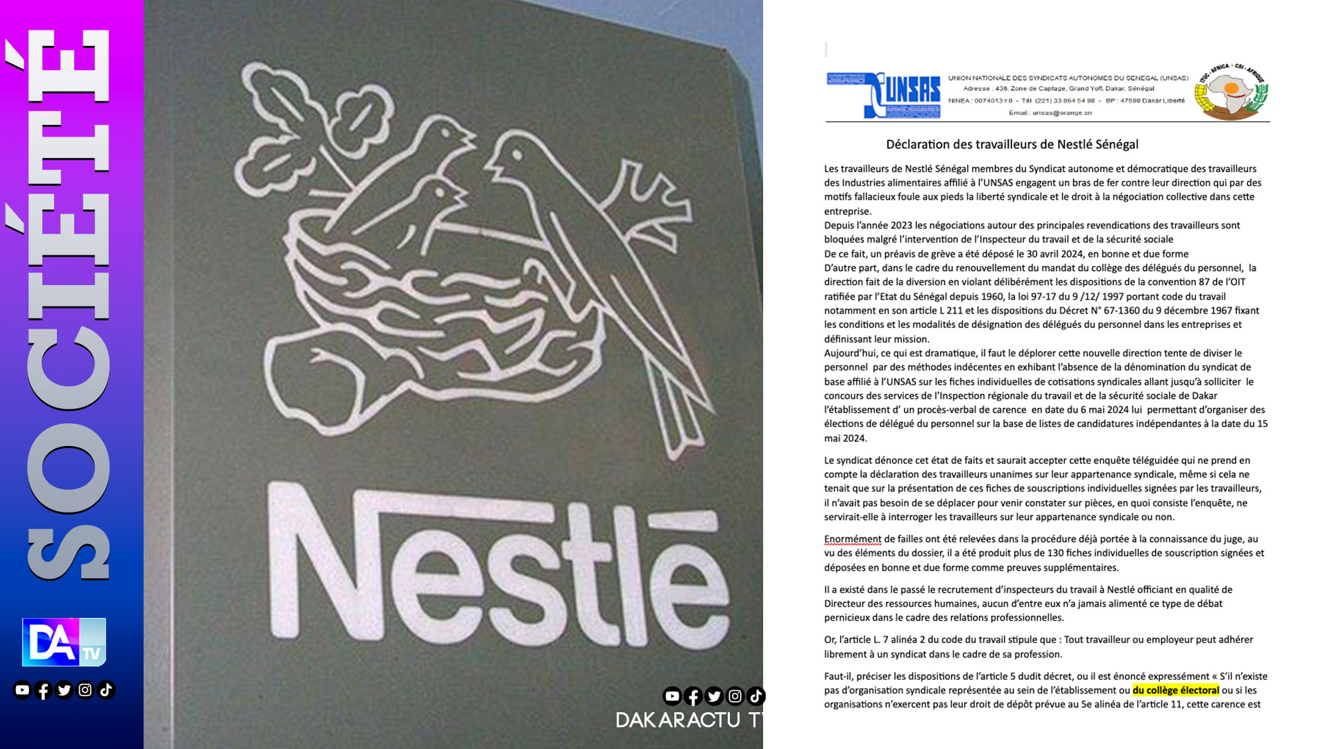 Nestlé Sénégal: Les travailleurs en croisade contre les restrictions liées à " la liberté syndicale et au droit à la négociation collective"