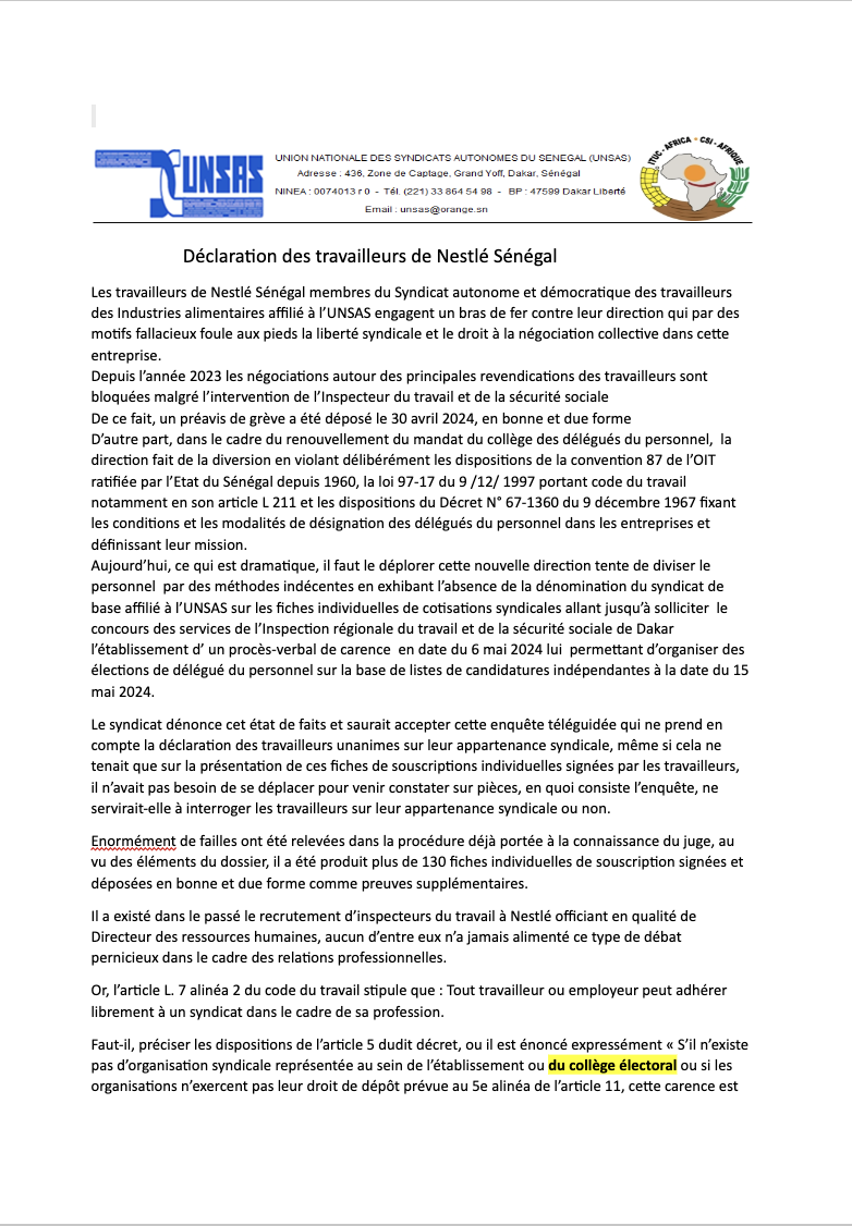 Nestlé Sénégal: Les travailleurs en croisade contre les restrictions liées à " la liberté syndicale et au droit à la négociation collective"