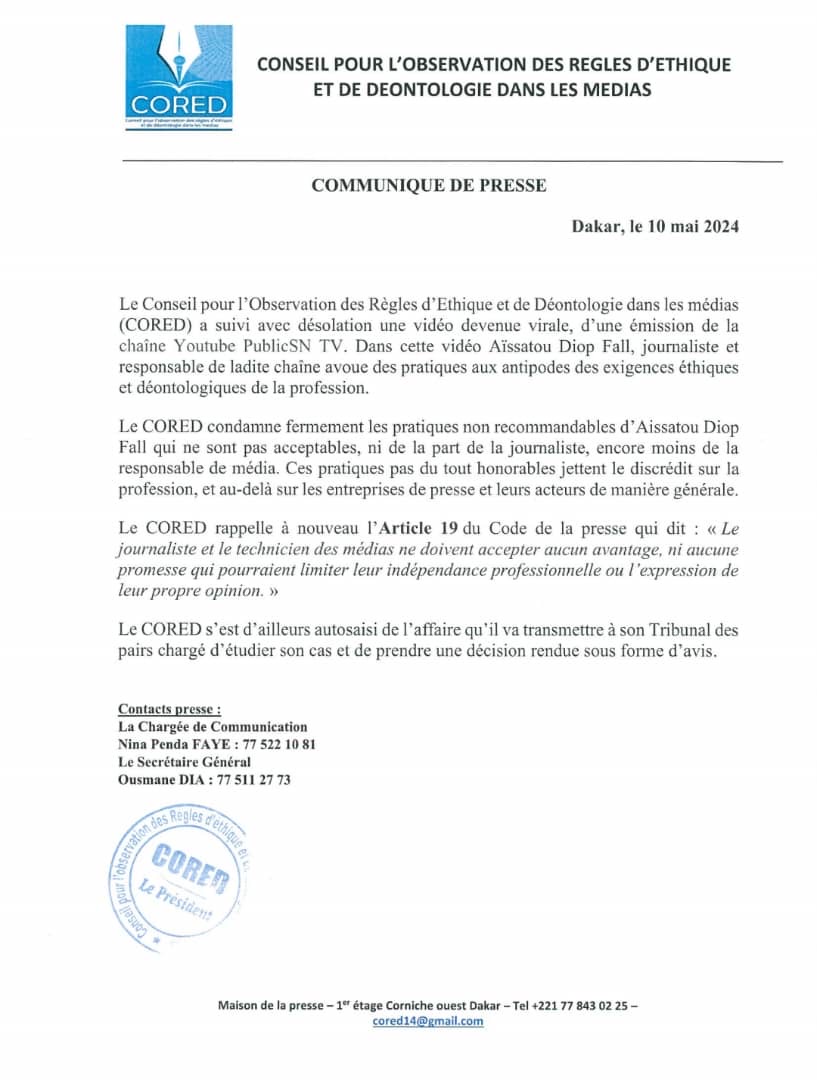 Faute dans l’exercice de sa fonction: le CORED recadre Aïssatou Diop Fall. Faute dans l’exercice de sa fonction: le CORED recadre Aïssatou Diop Fall.