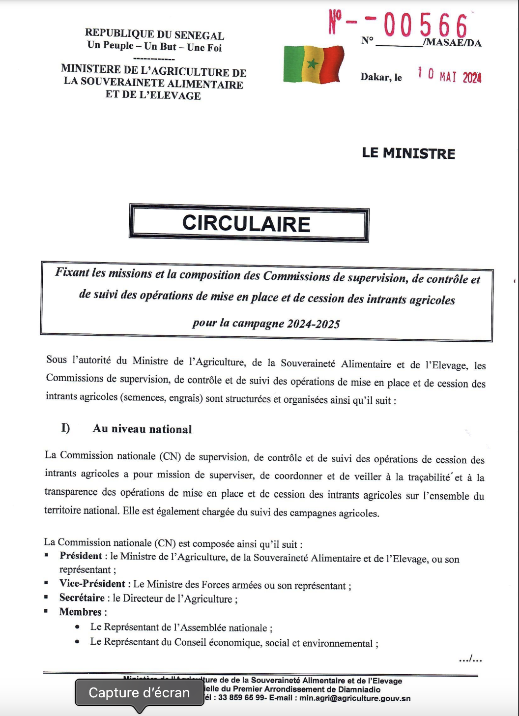 Campagne agricole 2024-2025: Le ministre de l’agriculture fixe la constitution des commissions de supervision de distribution des semences et engrais