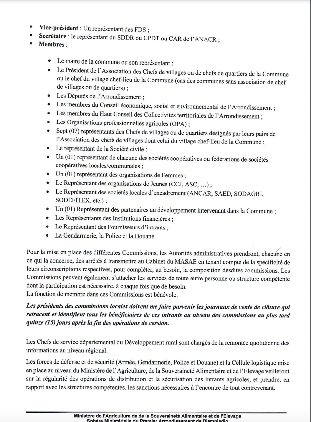Campagne agricole 2024-2025: Le ministre de l’agriculture fixe la constitution des commissions de supervision de distribution des semences et engrais