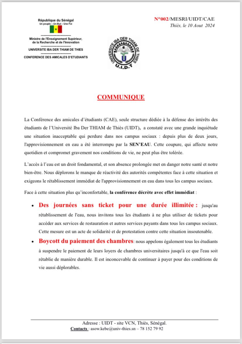 UIT de Thiès / Interruption de l'approvisionnement en eau : La Conférence des amicales d'étudiants décrète des journées sans ticket et le boycott du paiement des chambres