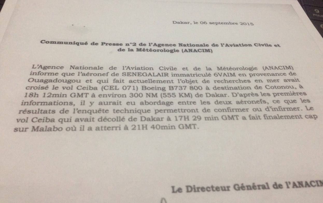 "L'avion SENEGAL AIR  a croisé un vol de la compagnie CEIBA" (ANACIM)