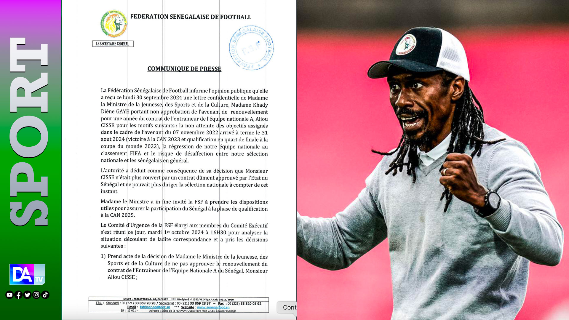 Football / Limogeage du sélectionneur national : La FSF remercie Aliou Cissé et lui souhaite pleins succès...