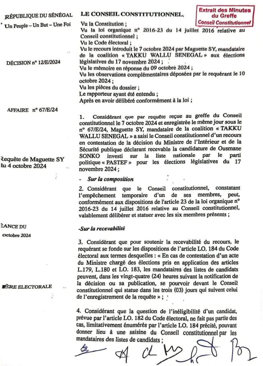 Rejet du recours contre la candidature de Sonko : ce qui a motivé la décision du Conseil constitutionnel (Document)