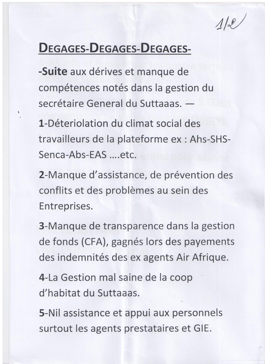SUTTAAS : Des membres du mouvement réclament la démission du SG Alassane N'doye