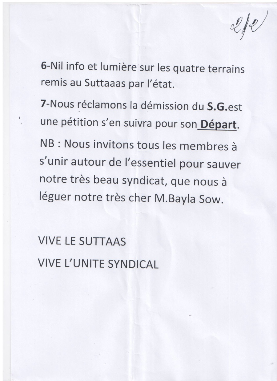 SUTTAAS : Des membres du mouvement réclament la démission du SG Alassane N'doye