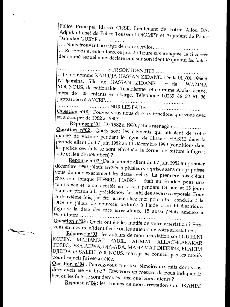 Procès Habré : Des accusations de viol qui ne figurent pas sur le Pv d’audition de Khadidja Hassan Zeydane (Documents)