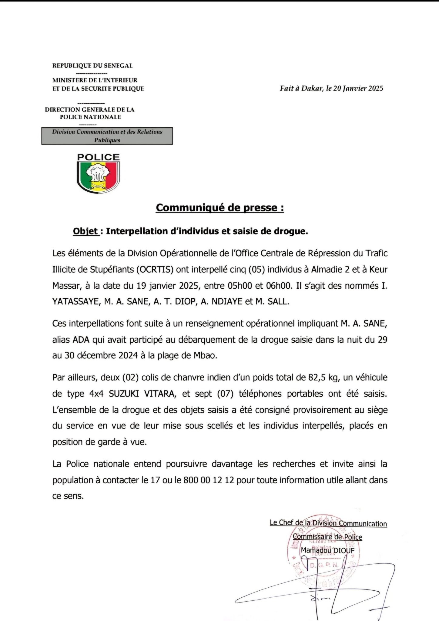 Interpellation et saisie de drogue : Cinq individus arrêtés à Almadie 2 et Keur Massar , 82,5 kg de "Yamba" et un véhicule 4x4 de marque Suzuki Vitara saisie