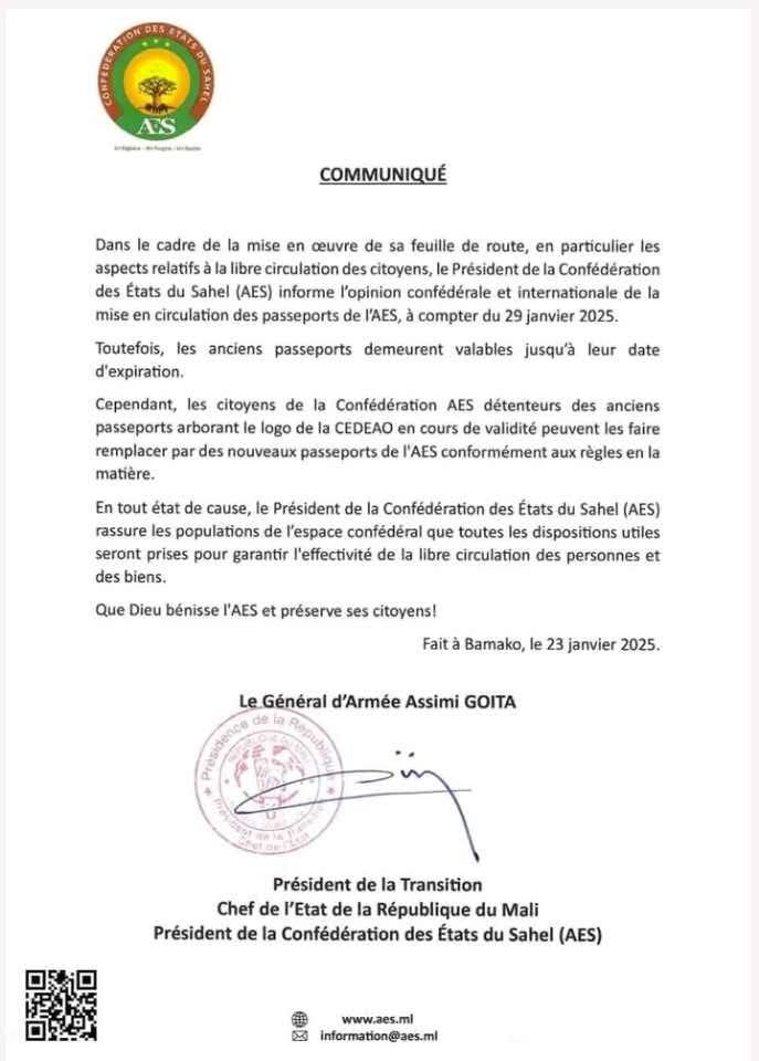 États du Sahel: mise en circulation des passeports de l'AES, à compter du 29 janvier 2025
