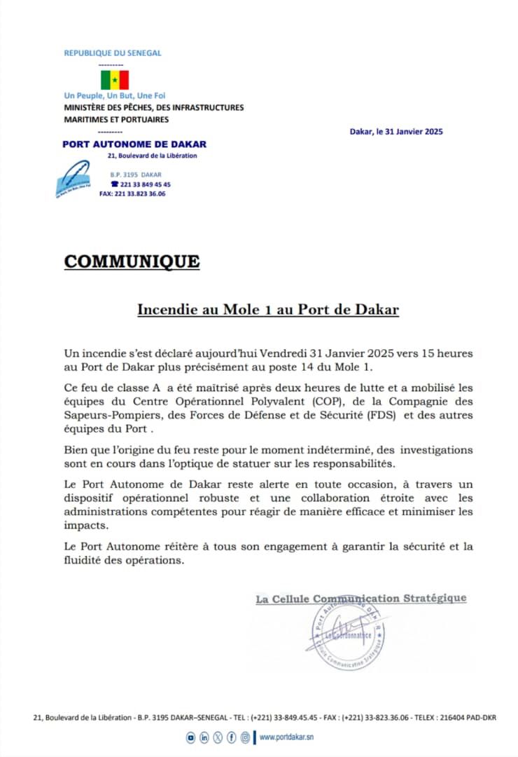 Incendie au Môle 1 du Port de Dakar : Le feu maîtrisé après deux heures d’intervention