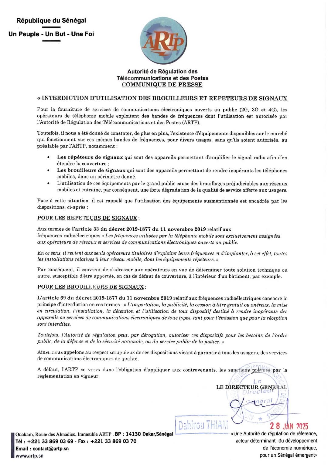 Interdiction formelle des brouilleurs et répéteurs de signaux : L’ARTP met en garde