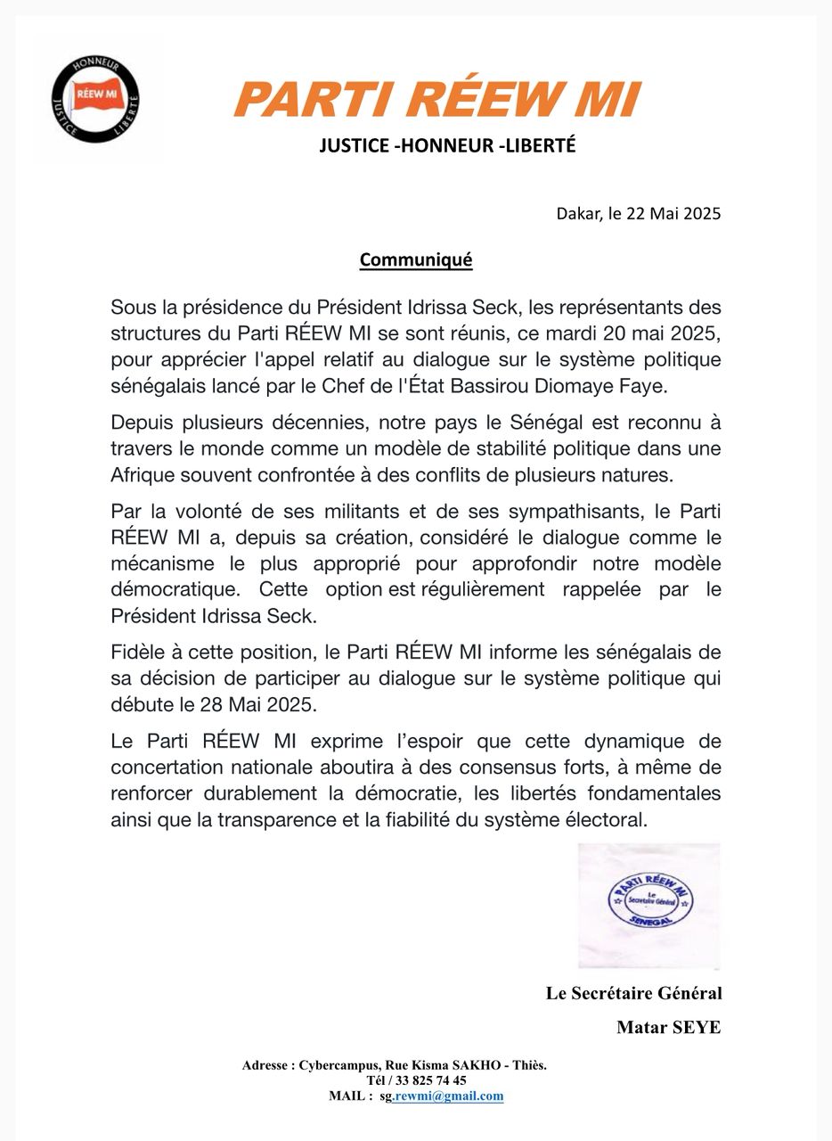 RÉEWMI, d'Idrissa Seck, confirme sa participation au dialogue national du 28 Mai RÉEWMI, d'Idrissa Seck, confirme sa participation au dialogue national du 28 Mai