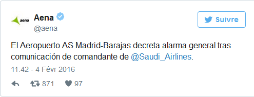 Alerte à la bombe à bord d'un vol Madrid-Riyad