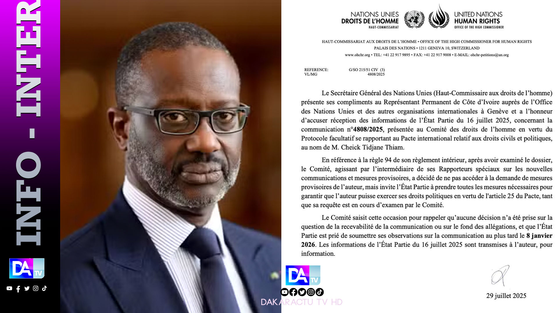 Un comité de l'ONU appelle la Côte d'Ivoire à garantir l'exercice des "droits politiques" de Thiam, selon son avocat