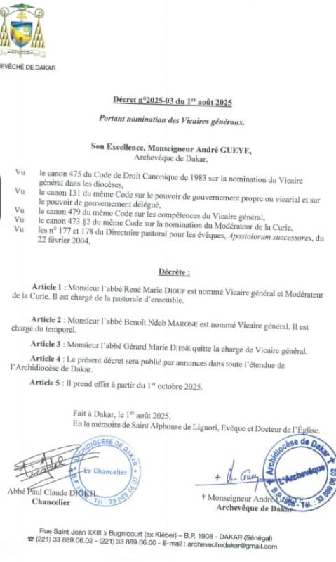 Église catholique : Monseigneur André Gueye nomme deux nouveaux Vicaires généraux pour l’Archidiocèse de Dakar
