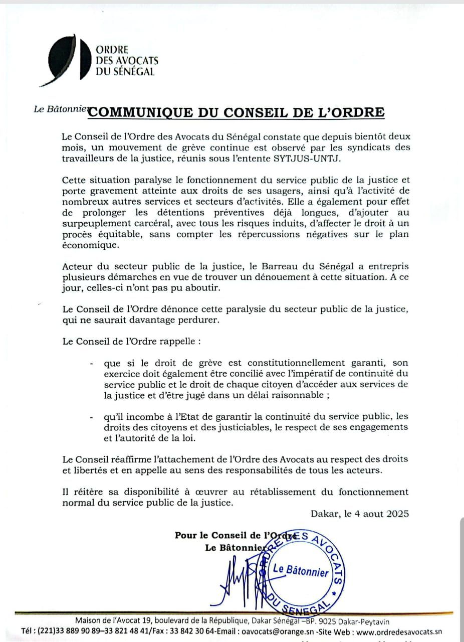 L’Ordre des Avocats du Sénégal dénonce la grève de l’entente SYTJUST-UNTJ et invite les acteurs à plus de responsabilité