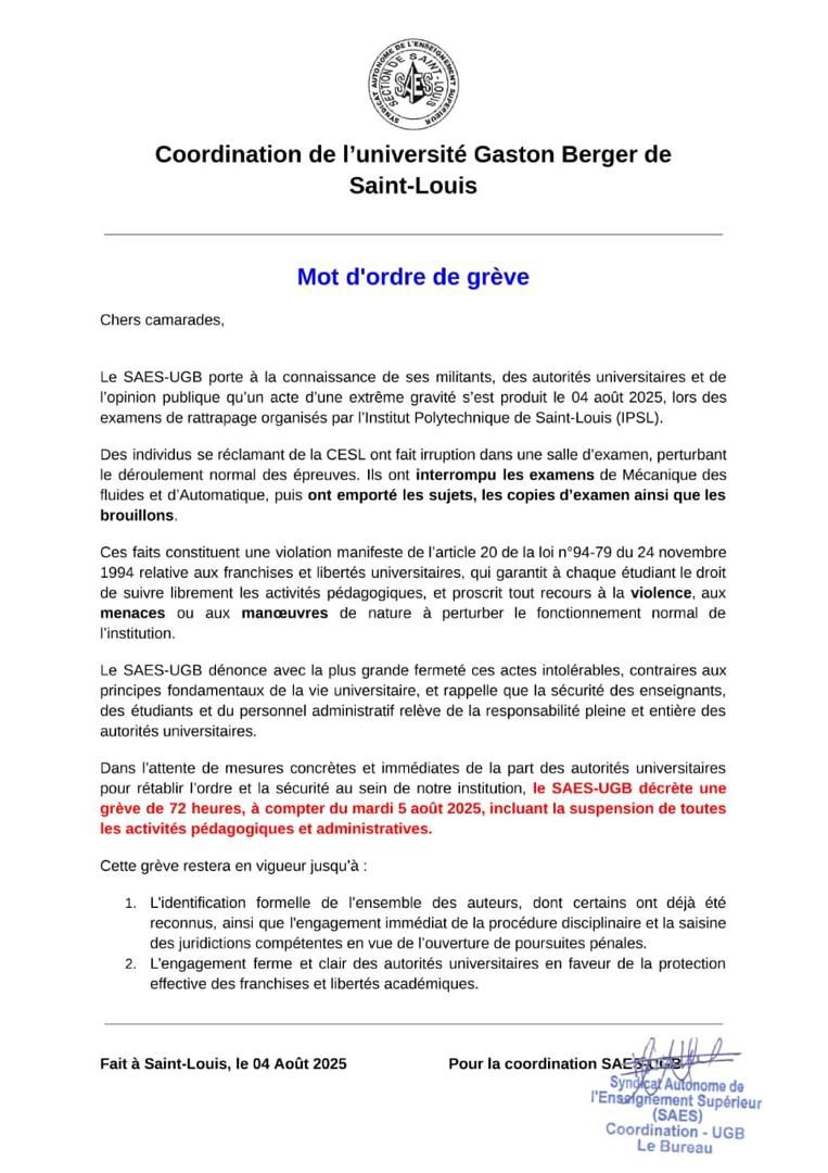 Irruption de certains individus dans une salle d’examen : La section SAES-UGB décrète une grève de 72 heures à partir de ce mardi