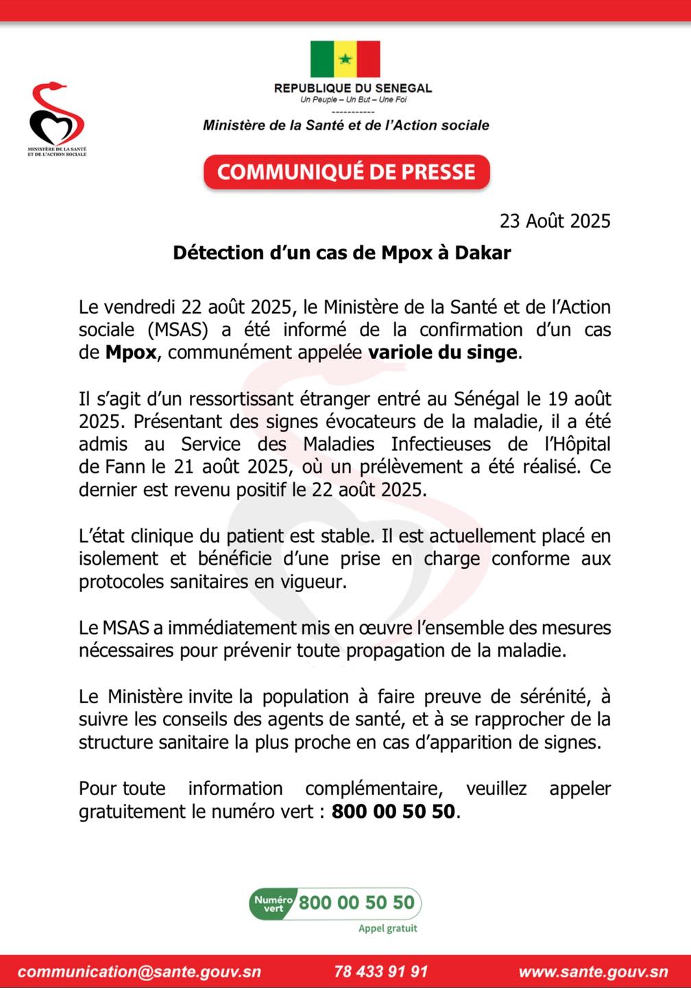 Dakar : un premier cas de Mpox confirmé