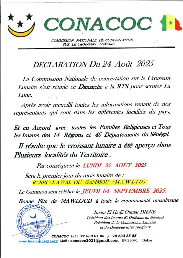 Religion : La CONACOC fixe la date de la célébration du Gamou, le ...