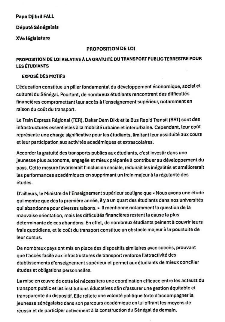 Assemblée nationale : Papa Djibril Fall dépose une proposition de loi relative à la gratuité du transport public terrestre pour les étudiants sénégalais