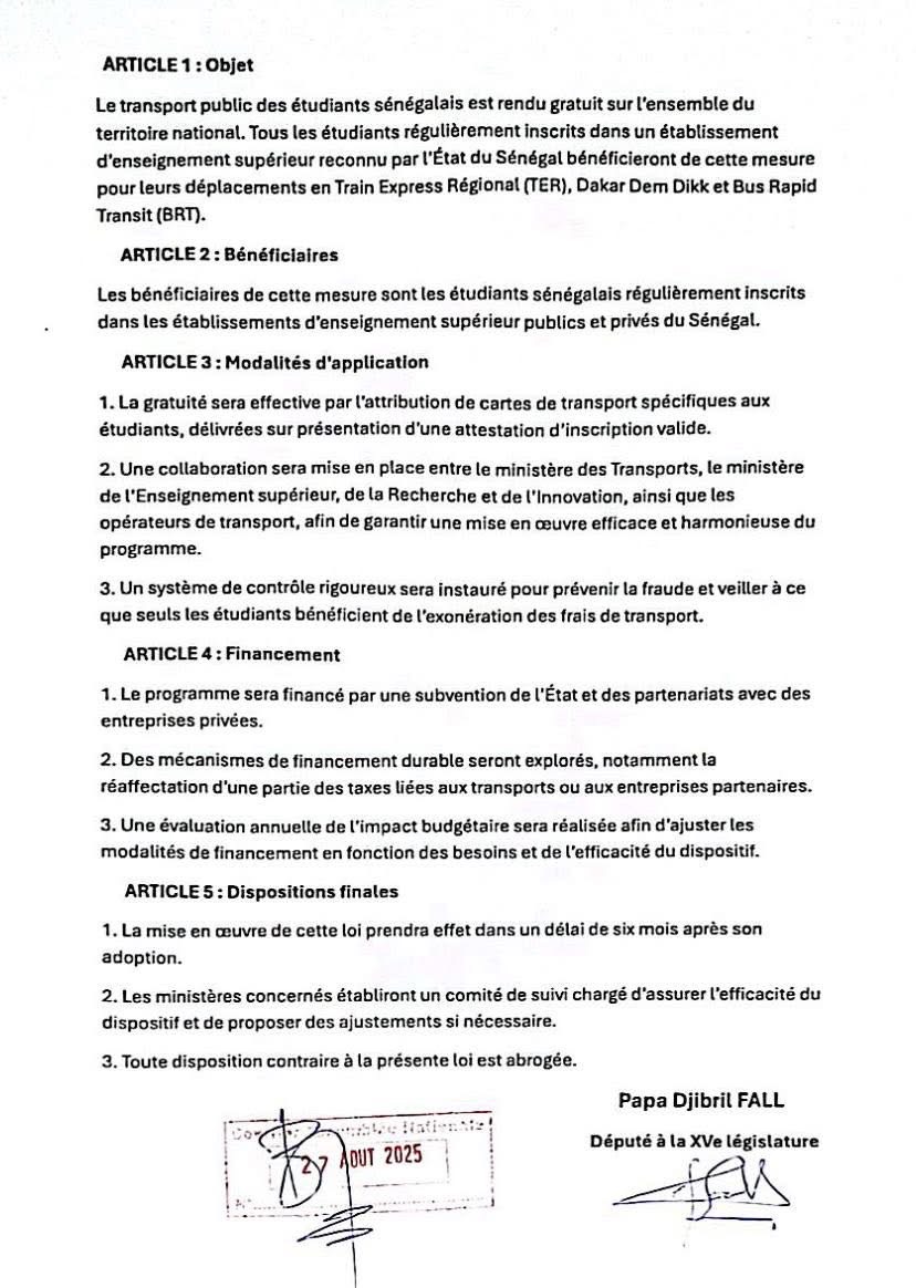 Assemblée nationale : Papa Djibril Fall dépose une proposition de loi relative à la gratuité du transport public terrestre pour les étudiants sénégalais