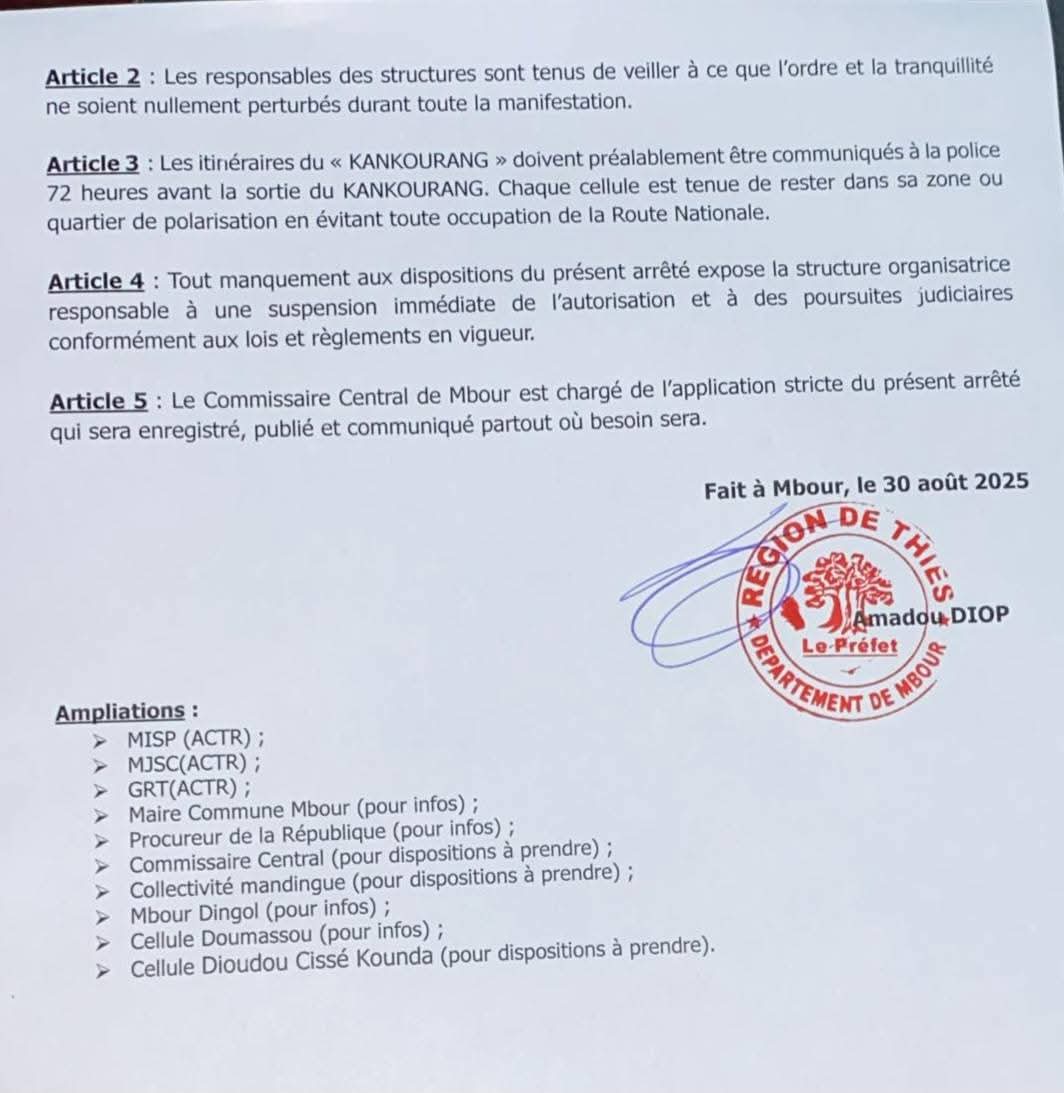 Septembre Mandingue : Le préfet de Mbour retire l’autorisation au Dingol et au Doumassou /La collectivité mandingue et le Dioudiou Cissé Kounda obtiennent gain de cause !