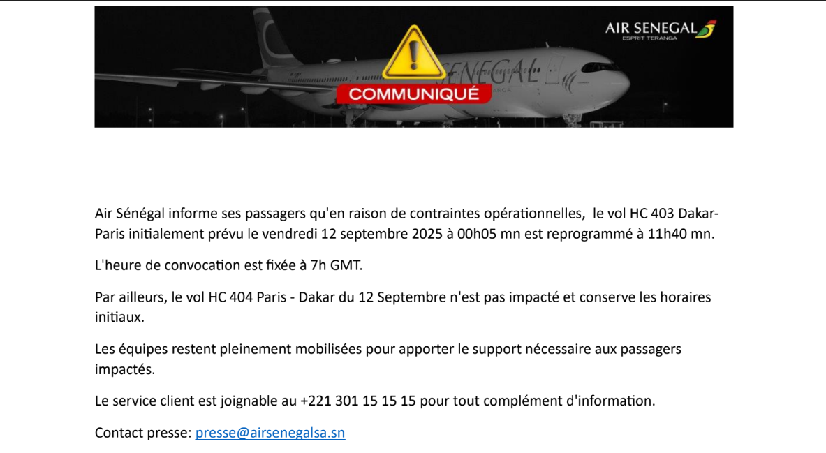 Air Sénégal : Le vol Dakar-Paris HC403 reprogrammé, ce vendredi