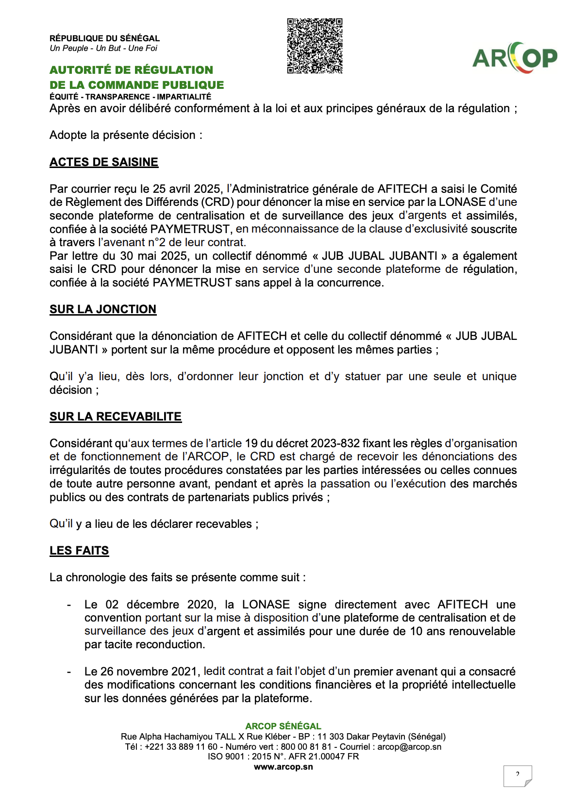 Affaire Lonase Afitech : l'ARCOP renvoie les deux parties devant le juge