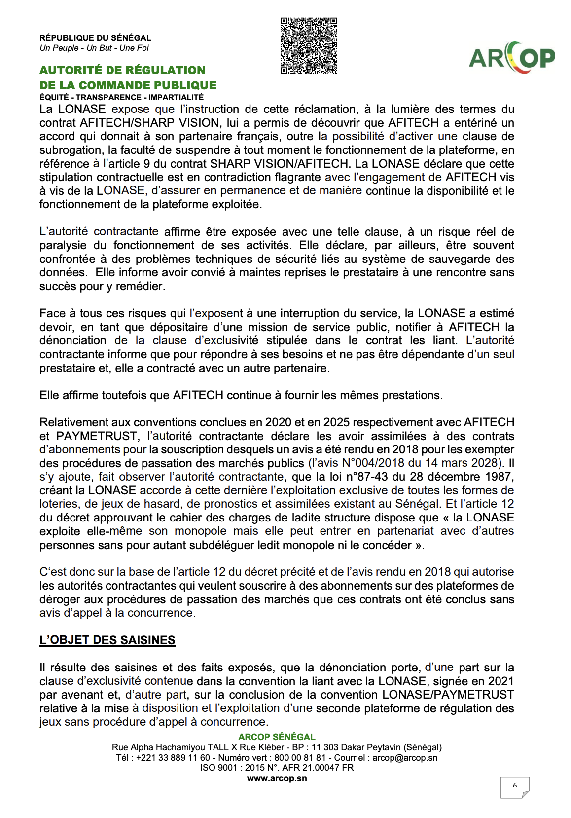 Affaire Lonase Afitech : l'ARCOP renvoie les deux parties devant le juge