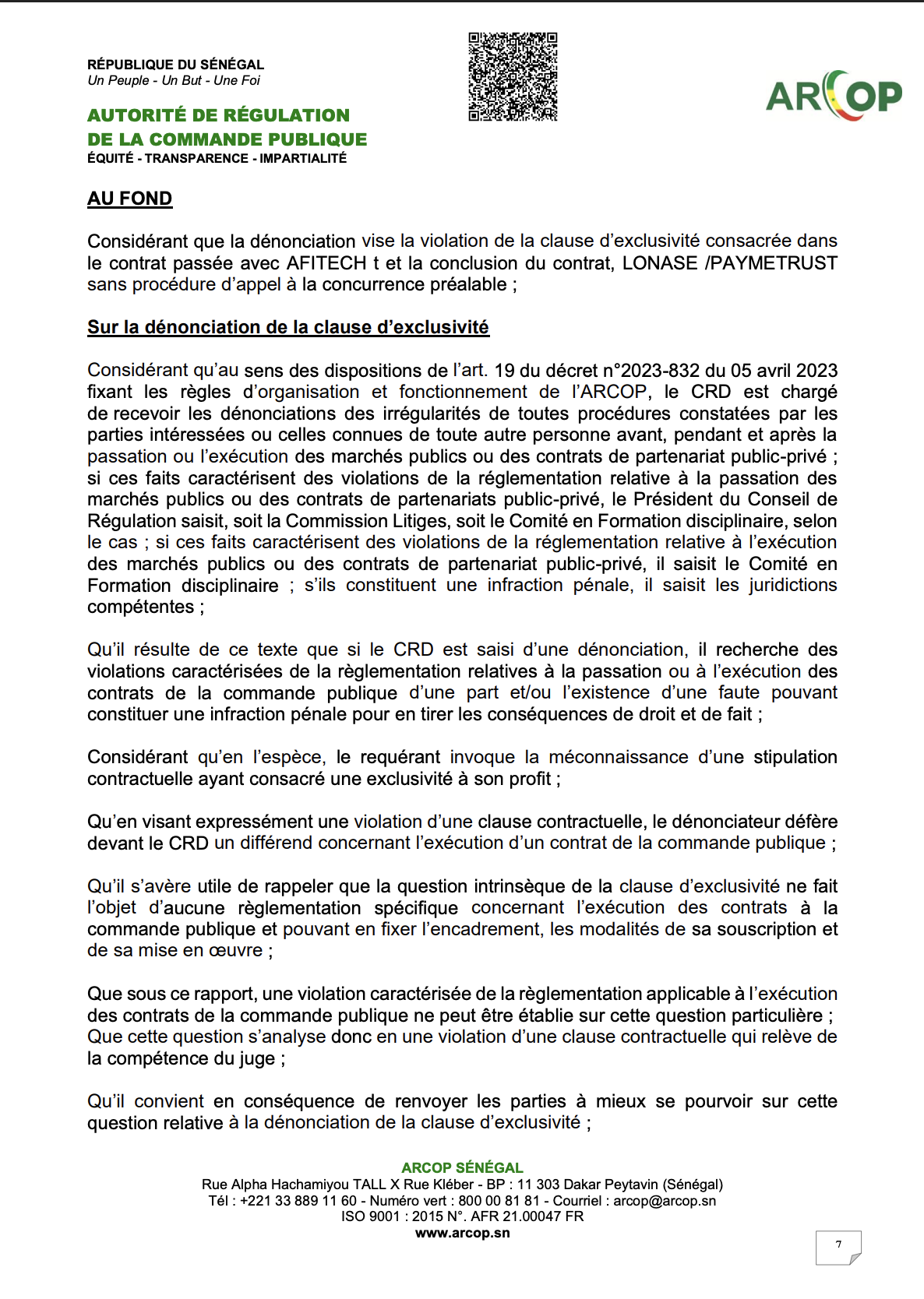 Affaire Lonase Afitech : l'ARCOP renvoie les deux parties devant le juge