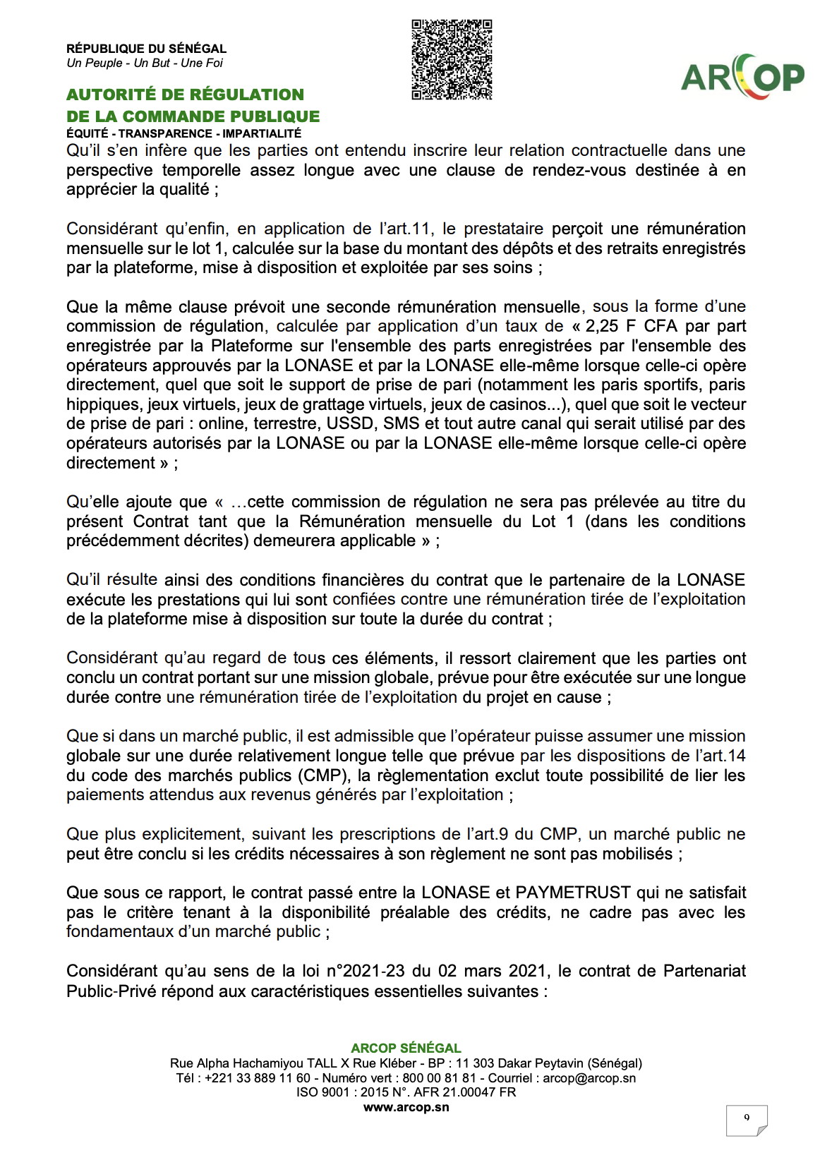 Affaire Lonase Afitech : l'ARCOP renvoie les deux parties devant le juge