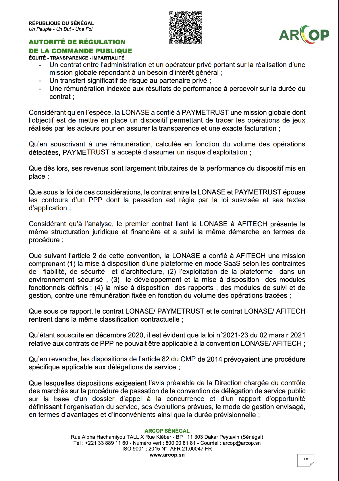 Affaire Lonase Afitech : l'ARCOP renvoie les deux parties devant le juge