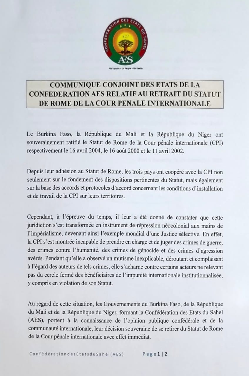 CPI : La Confédération des États du Sahel (AES) se retire de la haute juridiction internationale
