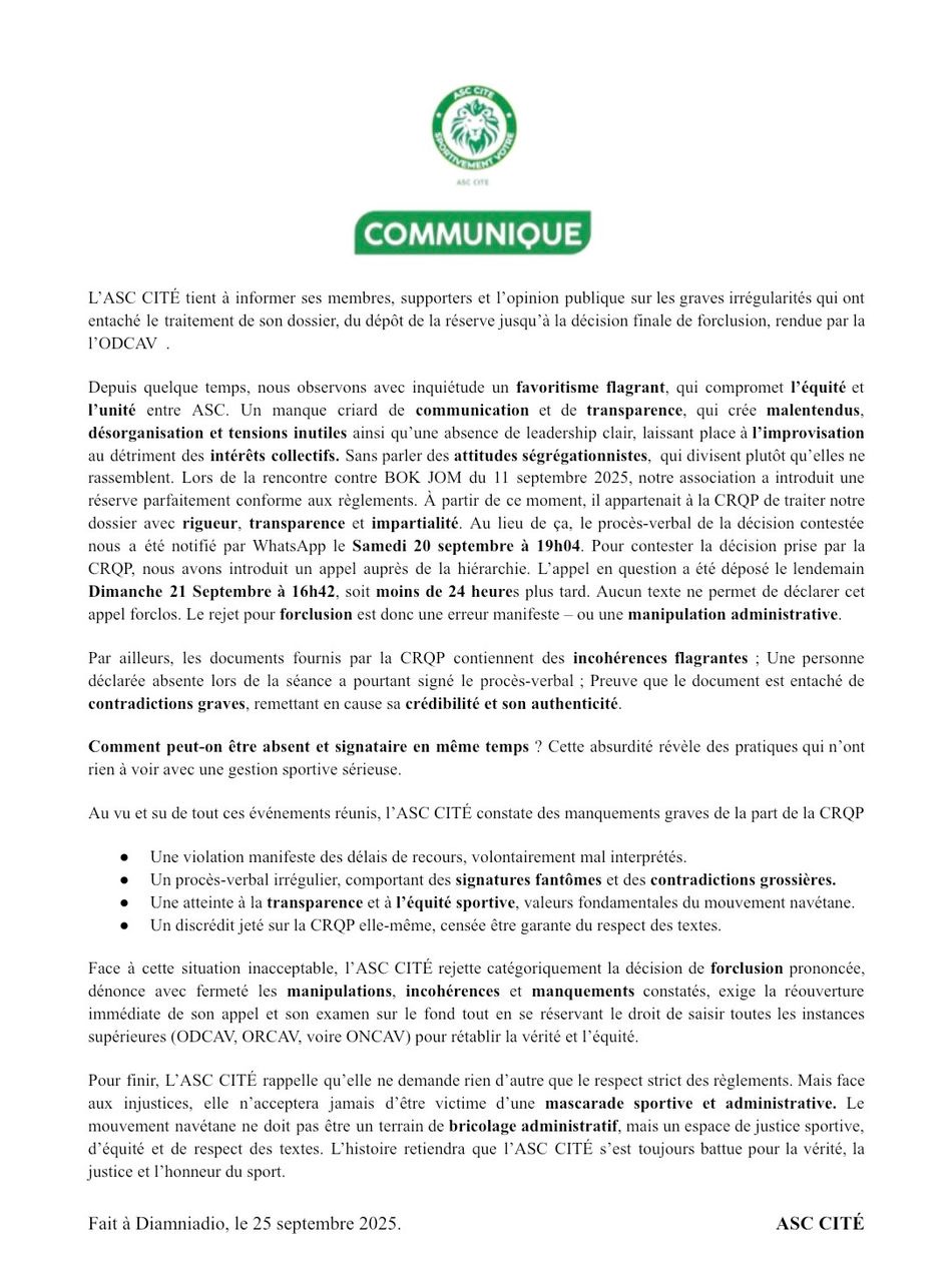 Forclusion de l’ASC CITÉ : l’équipe sanctionnée dénonce une « atteinte à la transparence et à l'équité sportive »