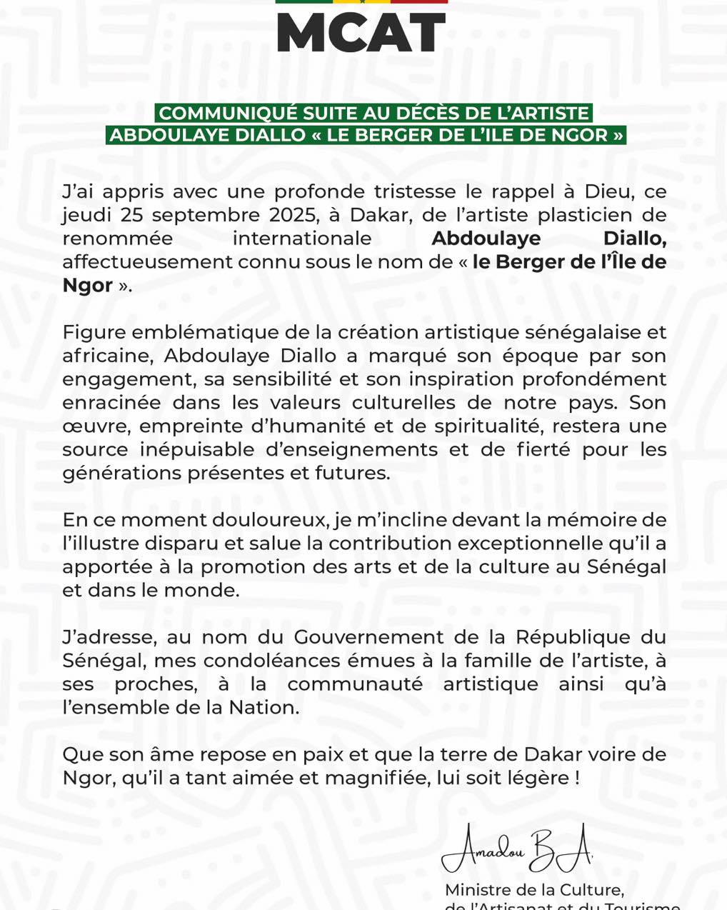 Décès de l’artiste Abdoulaye Diallo, « le Berger de l’île de Ngor » : Le ministre de la Culture présente les condoléances du gouvernement