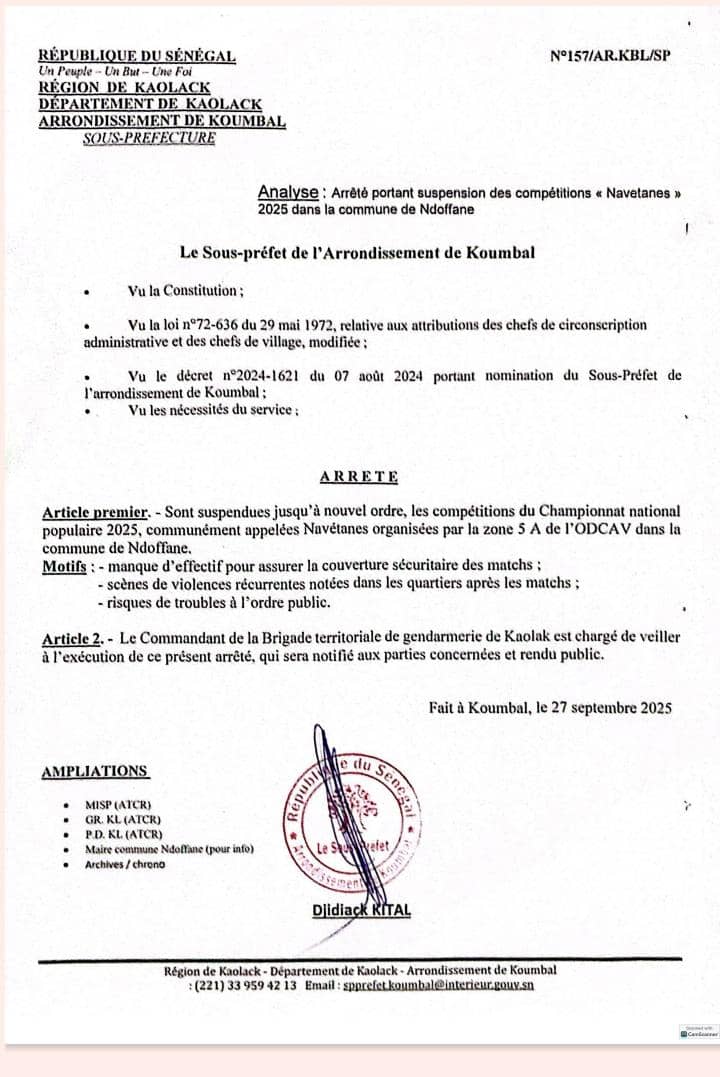 Ndoffane / Scènes de violence après les matchs de football : l'autorité préfectorale suspend les "navétanes"