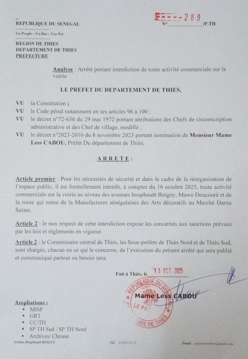 Thiès : Le Préfet interdit toute activité commerciale sur la voirie