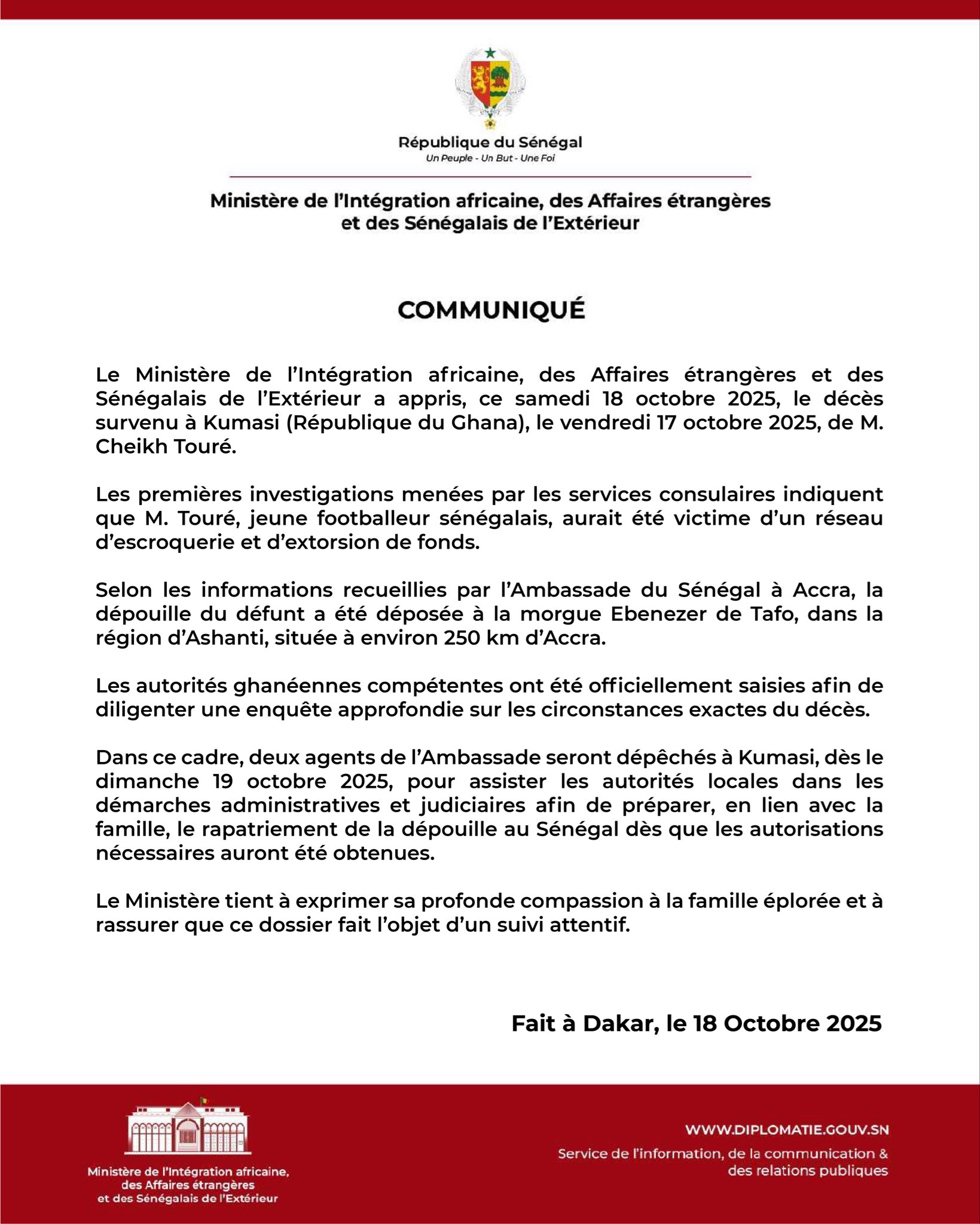 Assassinat d’un footballeur sénégalais au Ghana : Le ministère des Affaires étrangères annonce une enquête et le rapatriement de la dépouille