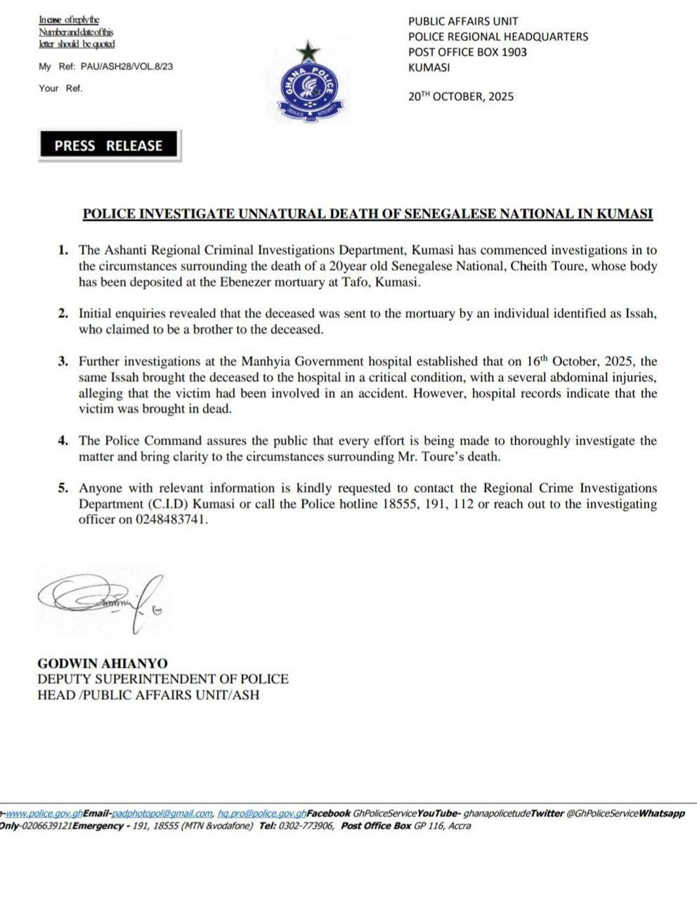 Mort de Cheikh Touré dans des circonstances troublantes à Kumasi : les autorités ghanéennes ouvrent une enquête