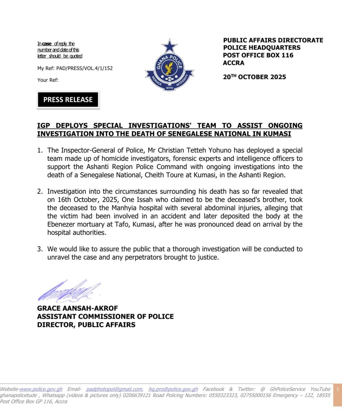 Nouveaux rebondissements dans l’affaire Cheikh Toure : la police ghanéenne passe à la vitesse supérieure et déploie une équipe spéciale d’enquêteurs … un suspect dans le viseur