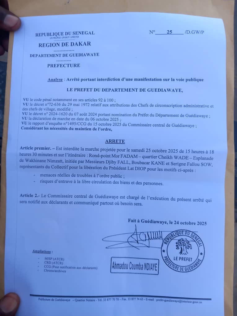 Marche pour la libération de Lat Diop: le préfet de  Guédiawaye interdit la manifestation