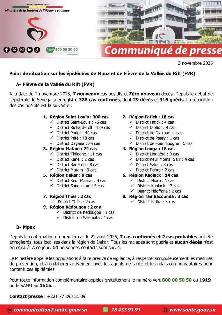 Santé-Epidémie : 7 nouveaux cas de Fièvre de la Vallée du Rift enregistrés, aucun décès signalé