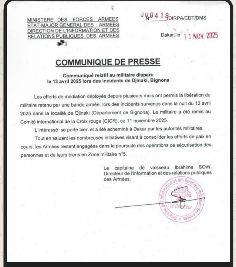 Forces Armées : La DIRPA annonce la libération du militaire porté disparu à Djinaki depuis avril