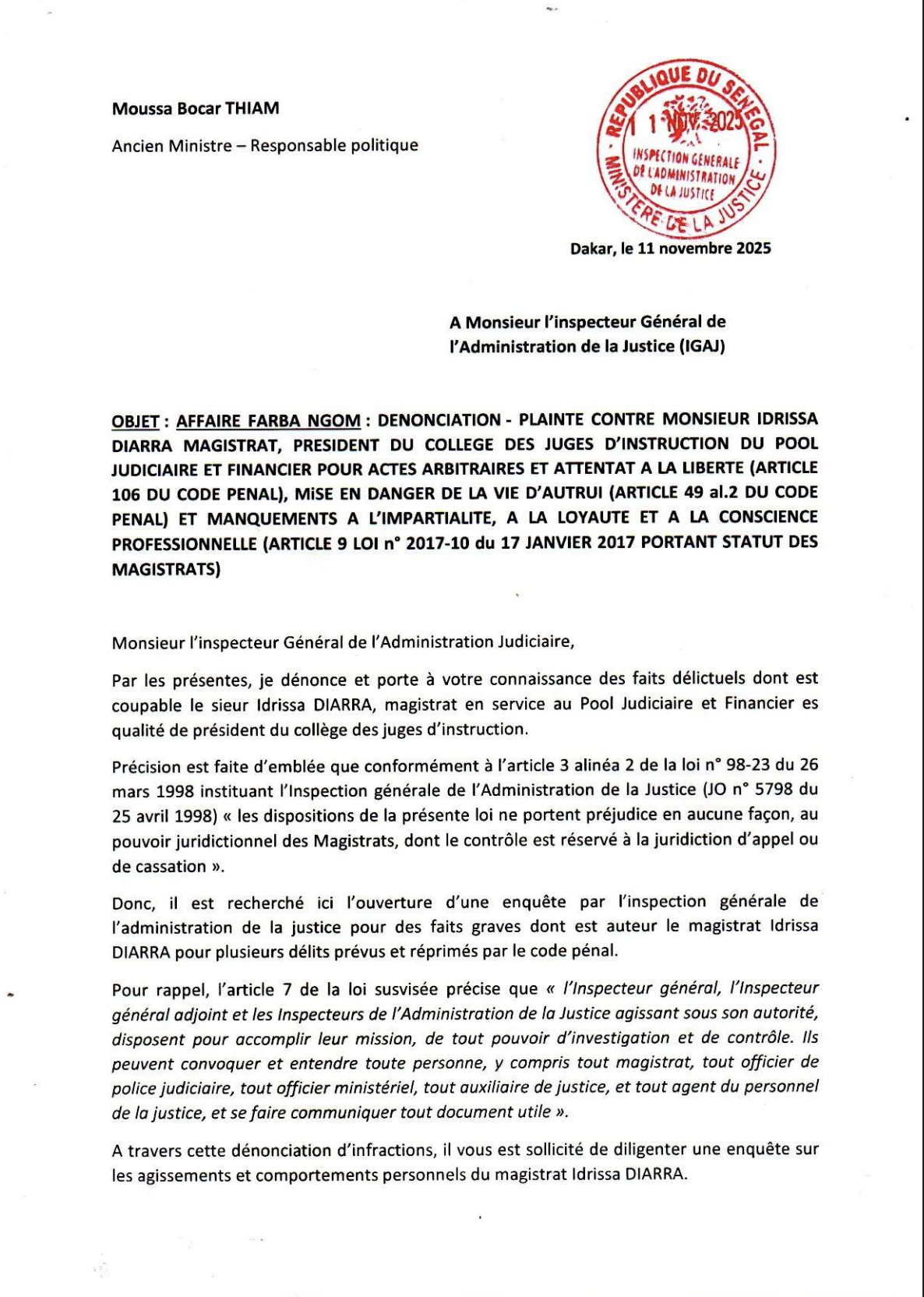 Position du président du collège des juges d’instruction du PJF sur le cas Farba Ngom : Me Moussa Bocar Thiam saisit l’IGAJ d’une plainte