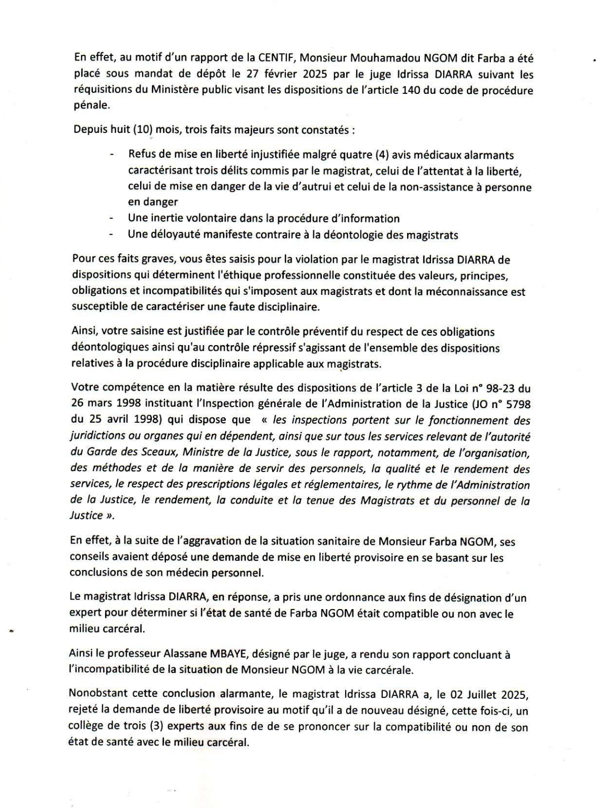 Position du président du collège des juges d’instruction du PJF sur le cas Farba Ngom : Me Moussa Bocar Thiam saisit l’IGAJ d’une plainte