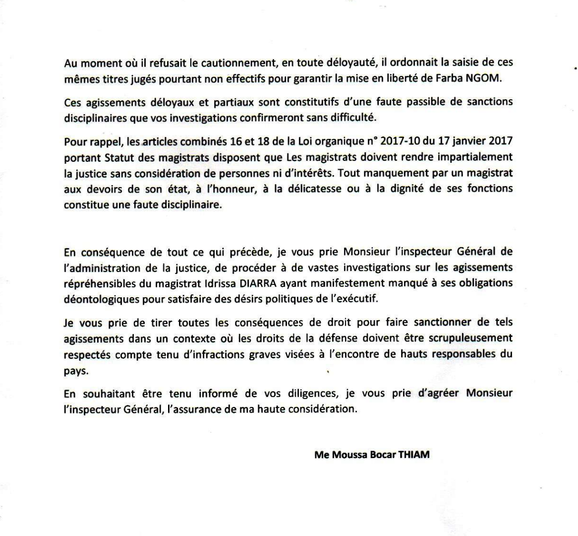 Position du président du collège des juges d’instruction du PJF sur le cas Farba Ngom : Me Moussa Bocar Thiam saisit l’IGAJ d’une plainte