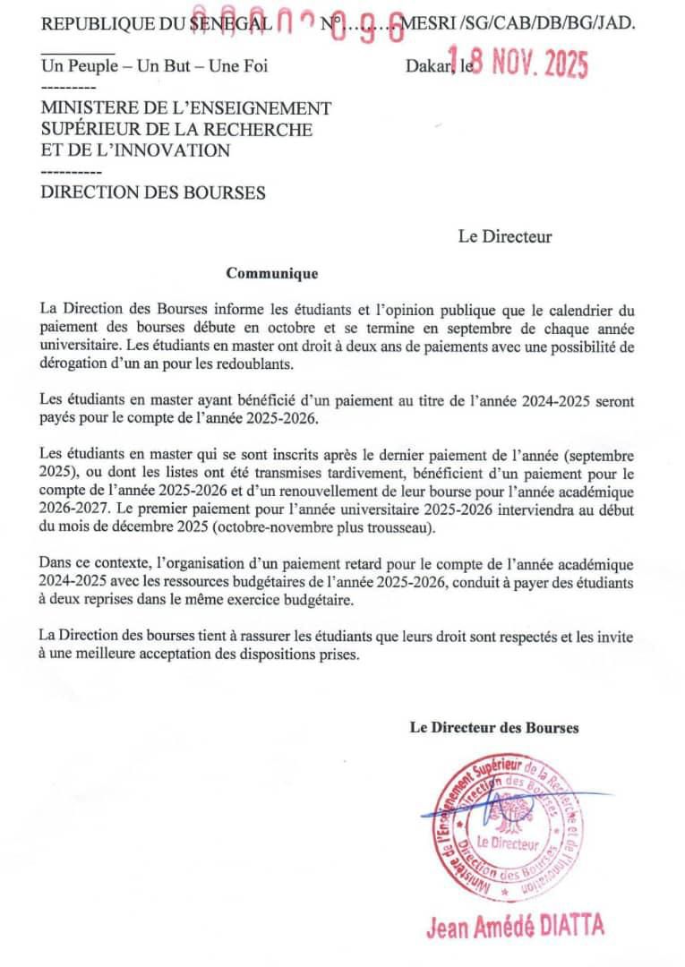 Paiement des bourses d'Etudiants : la Direction apporte des précisions et annonce les premières dates pour l’année 2025-2026