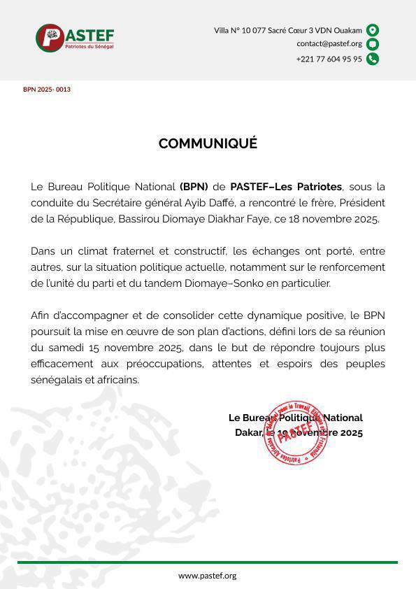 Rencontre avec le président Diomaye : Le Bureau Politique de Pastef fait le point de l’audience
